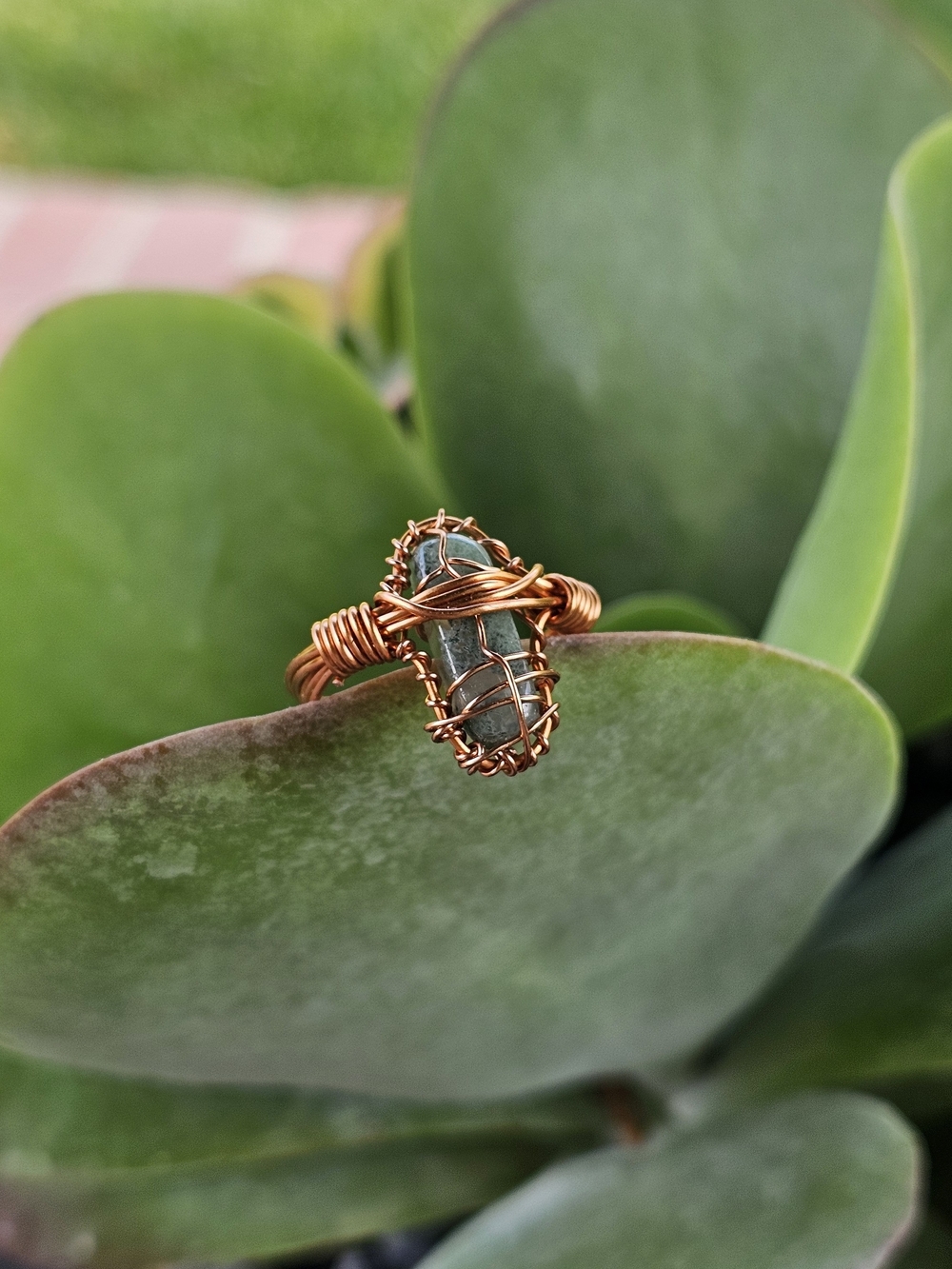 Handcrafted Copper Wire Wrapped Green Stone Ring
